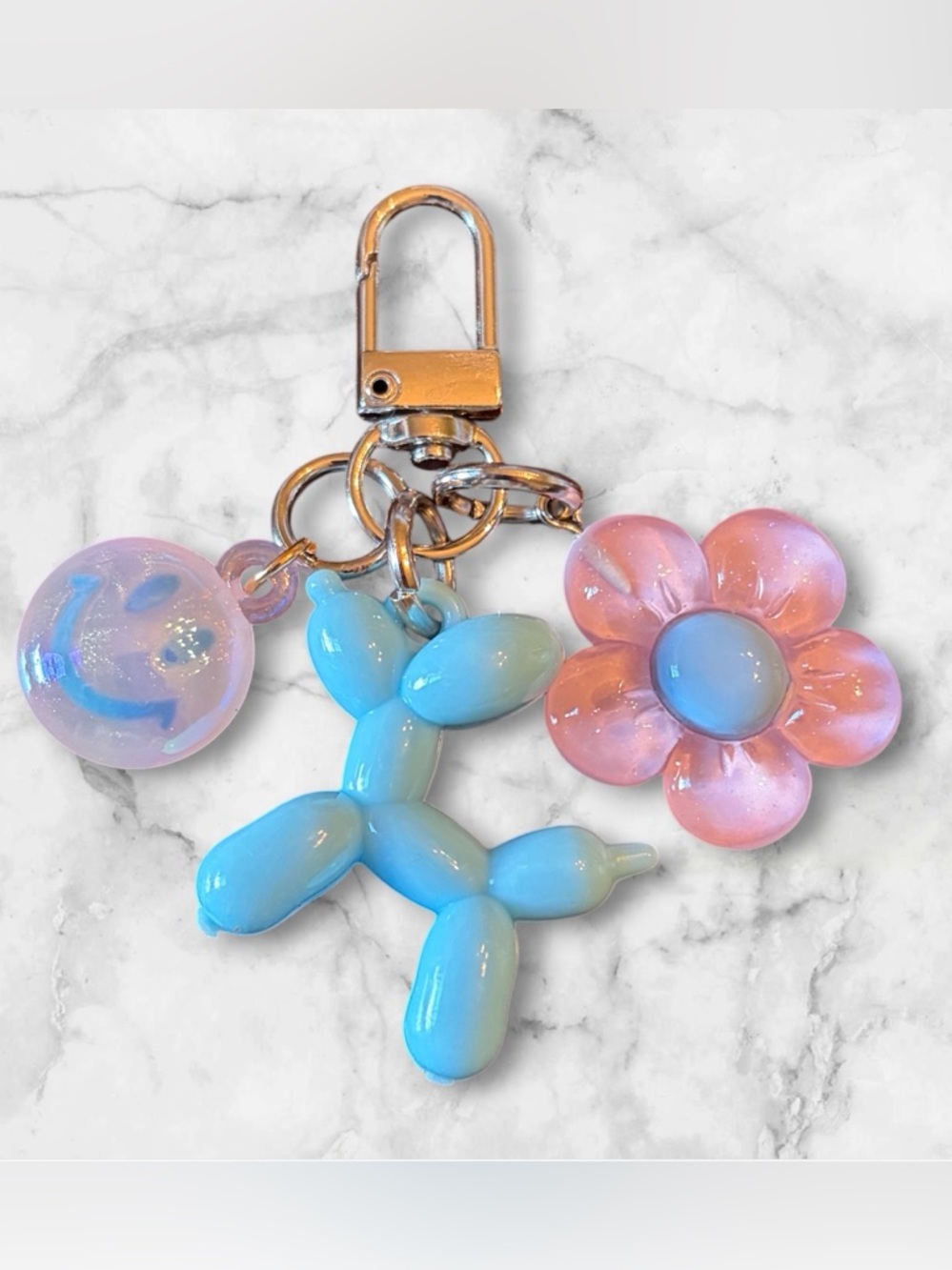 Iridescent Balloon Dog & Flower Keychain - Blue & Pink